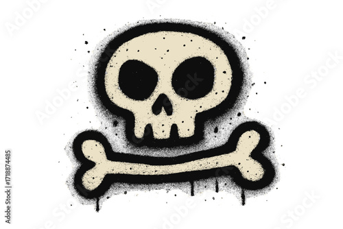 Spray painted skull and crossed bone graffiti art, urban street spray paint symbol with black eyes, vector cartoon illustration with transparent background, edgy street culture design