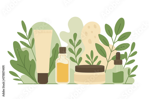 Organic natural cosmetics concept. Skincare beauty products composition with cream tube, oil bottle, serum dropper and jar. Herbal cosmetic vector illustration in flat style.