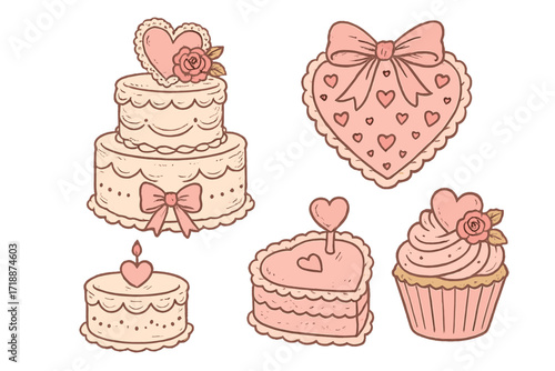 Vintage coquette cakes clipart set. Cute romantic desserts for wedding, birthday, valentines day. Pink sweet hearts, pastry, cupcake with bow and rose. Hand drawn vector illustration.