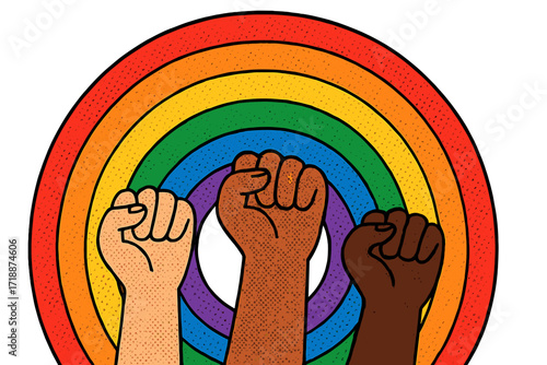 Raised fists in diverse skin tones with concentric rainbow background, symbolizing LGBTQ rights, gender equality, diversity, unity, and empowerment in flat vector illustration