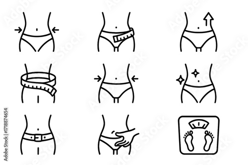 Weight loss icon set. Slim waist, diet, fitness and body measurement line icons. Belly fat, measuring tape, scale for losing weight concept. Editable stroke vector pack.