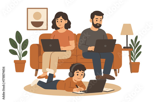 Family remote work concept. Parents on laptops on sofa. Child studying online. E-learning from home. Freelance lifestyle. Gadget addiction. Modern interior vector illustration.