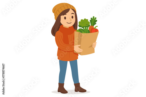 Woman holding grocery bag with healthy food, fresh vegetables. Girl in autumn clothes, sweater. Farmer market shopping. Healthy eating, diet, vegetarian concept. Vector.