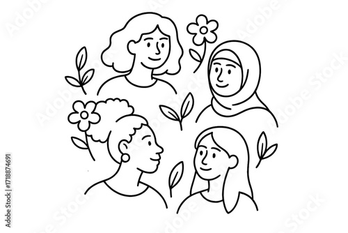 International Women's Day greeting card for 8 March. Diverse multi-ethnic female faces in a round floral frame. Sisterhood, feminism, empowerment. Simple line art vector.