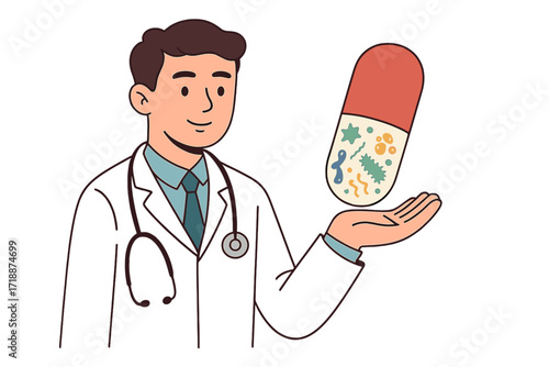 Doctor holding a pharmacy pill with probiotics. Concept of dysbacteriosis, intestinal microflora, gut microbiome, microbiota, digestion problems, and immunity support. Vector.
