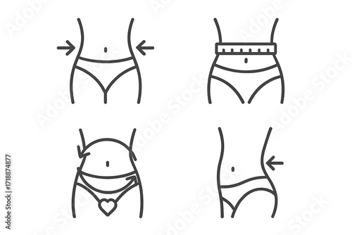 Waist Bundle Thin Line Icons Set, Editable Stroke Vector Illustration, Female Waist Silhouettes with Arrows, Heart and Measuring Tape for Health, Fitness, Diet, Body Care Design