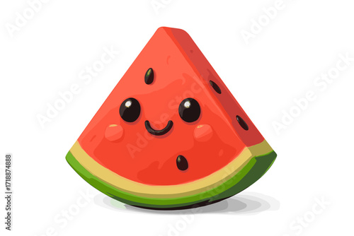 Cute kawaii watermelon slice with happy face, juicy red fruit with black seeds, green rind, summer fruit cartoon, fun 3D vector illustration for kids and food design
