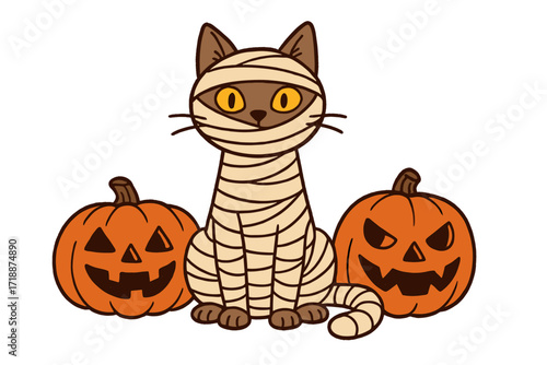 Halloween party banner with mummy cat sitting between two carved pumpkins, spooky cartoon vector illustration, festive Halloween decoration, autumn holiday design