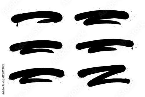 Urban graffiti grunge rough underline brushstroke, bold sprayed freehand stripe and paint shape, street art doodle scribble vector cartoon illustration set