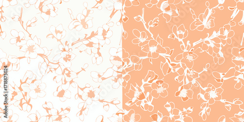 Delicate orange blossom branches with petals and buds on a white and peach background