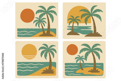 Vintage boho groovy palm tree beach sun sea covers set, retro surf club vacation, sunny summer day aesthetic, vector flat illustration, trendy naive tropical island scenes