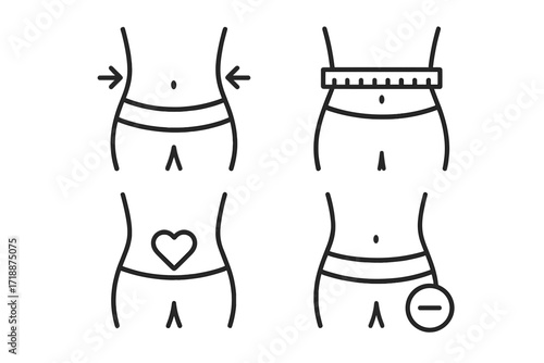 Waist icons bundle, thin line editable stroke set for weight loss, body measurement, slimming concept, healthy lifestyle symbols, fitness vector illustration for web, apps, books, cards