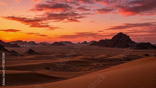 A beautiful time-lapse of a vast desert with unique rock formations, transitioning from a vibrant sunset to twilight.