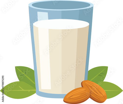 A glass of almond milk, with almond nuts and leaves, illustrated.