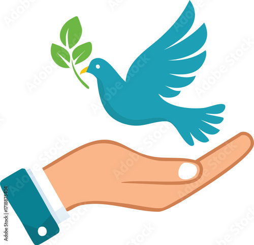 A teal dove carrying an olive branch lands gently on an outstretched hand, symbolizing peace and hope.