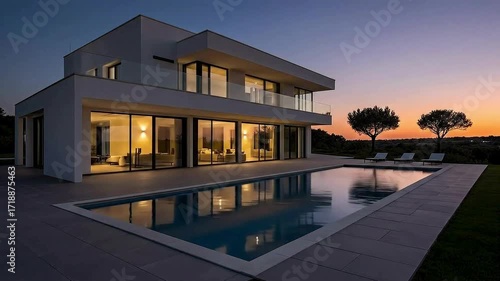 A time-lapse of a modern luxury villa with a swimming pool, transitioning from a sunny day to an illuminated night.