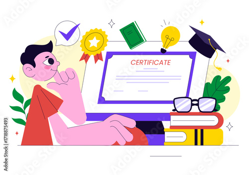 Online Course Certificate Program Illustration Featuring Learning Management System with Mobile Application, Online Coach, and Skill Development
