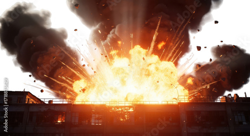 Massive explosion with debris and smoke over building isolated on transparent background