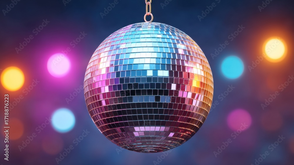Obraz premium Sparkling Disco Ball Hanging in Air with Colorful Bokeh Lights Background Creating a Vibrant Party Atmosphere for Events and Celebrations