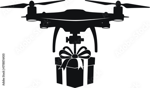 Black silhouette drone delivering gift present box with tied bow for surprise and celebration