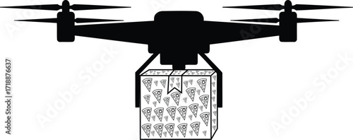 Drone delivering pizza concept illustrating food delivery technology in black and white with pizza slice patterned box and uav
