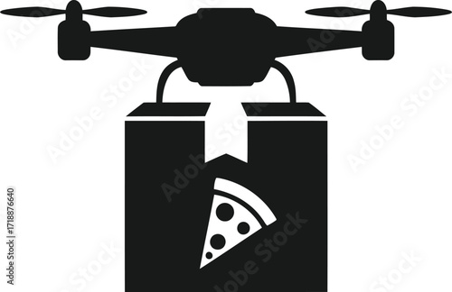 Drone delivering pizza concept illustration depicting a box with pizza slice representing fast food delivery and modern technology solutions