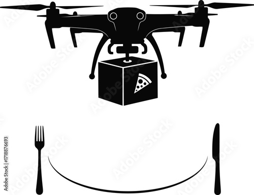 Drone delivering pizza concept illustration with dining cutlery and food delivery theme representing modern technology and food service