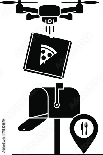 Drone delivering pizza to a mailbox concept illustrating online ordering and food delivery services