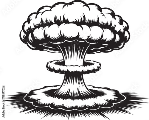 Monochrome Atomic Explosion Illustration with Mushroom Cloud and Shockwave in Engraving Style