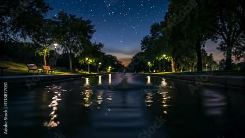 A stunning time-lapse of a park fountain, transitioning from a beautiful sunset to a magical, starry night sky.