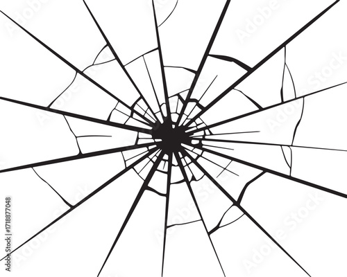 Cracked Glass Illustration with Radial Fractures and Shattered Pieces in Monochrome Style