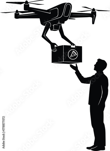Drone delivery of pizza depicted in silhouette delivering a pizza box to a customer reaching out future of food service technology concept