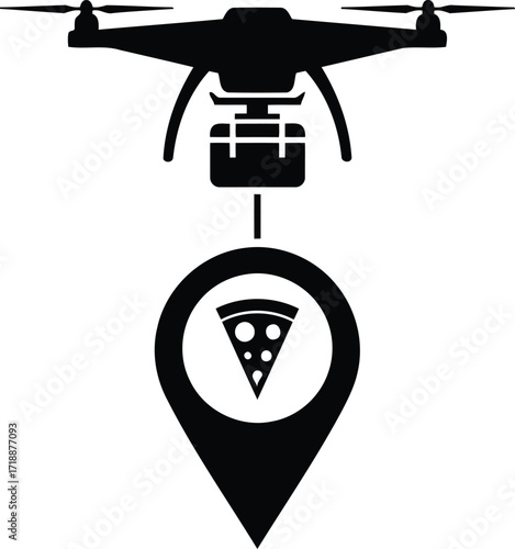 Drone delivery of pizza with location pinpoint concept depicting modern food service and technology integration