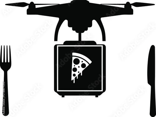 Drone pizza delivery illustration concept with fork and knife serving as a symbol of culinary technology and convenience