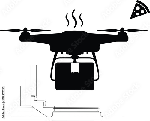 Drone pizza delivery service delivers hot pizza to a home representing modern food technology