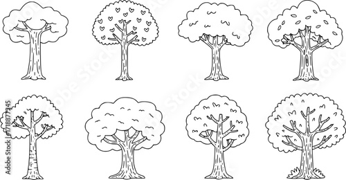 Cartoon tree outline coloring book page, Tree line art vector drawing illustration
