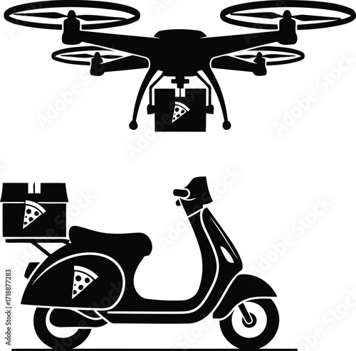 Pizza delivery concepts drone and scooter illustration conveying modern and traditional food service delivery techniques in graphic black and white.