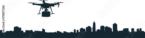 Silhouette of a drone carrying a package over a city skyline representing modern delivery services and technology