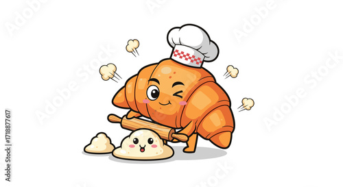 A charming cartoon croissant chef, wearing a toque, winks while skillfully rolling out fresh dough with a wooden pin, creating a delightful baking scene.