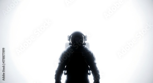 An astronaut in a spacesuit stands silhouetted against a bright, ethereal light, evoking a sense of mystery and exploration.