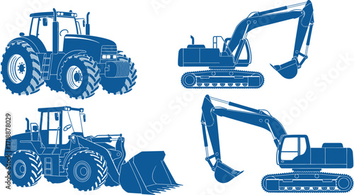 Blueprints of tractor excavator and loader construction vector editable vector