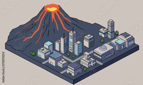 Isometric City with Erupting Volcano