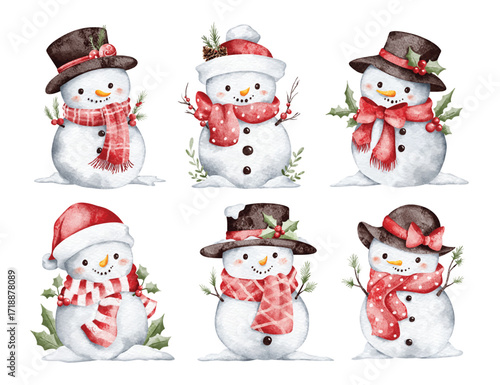 Watercolor Illustration Set of Snowman with Christmas Decoration