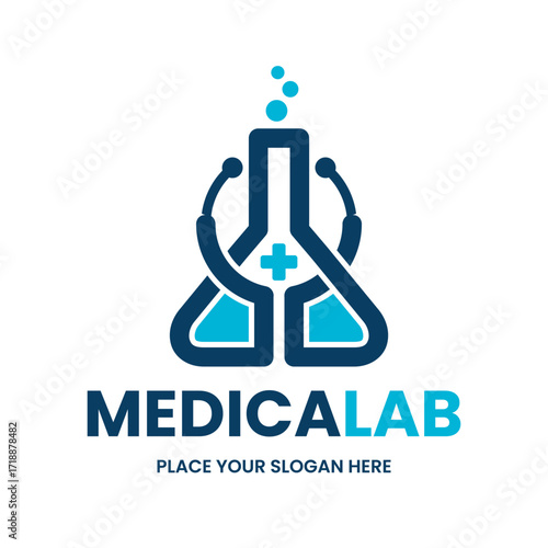 Medical lab logo. A clean design featuring a flask, stethoscope, and cross symbol. Ideal for hospitals, research, or pharmaceutical companies, representing health, science, and care.
