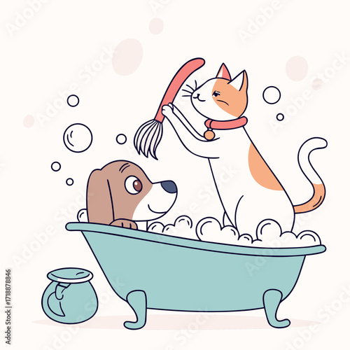 Pet grooming salon concept illustration, dog in bathtub with bubbles, cat being brushed, flat vector art