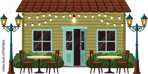 Cafe restaurant outdoor seating lights illustration vector editable vector