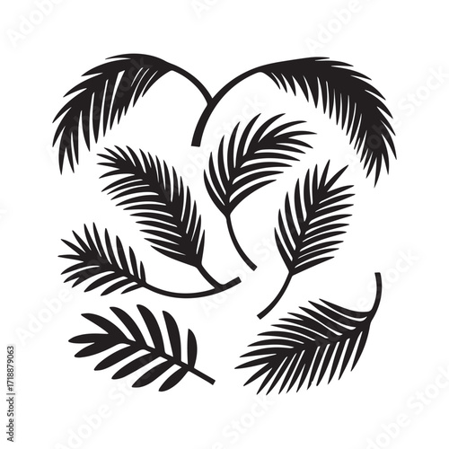  A set of black palm branch silhouettes isolated on a white background.