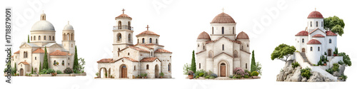 Watercolor Churches: Mediterranean Architecture Collection on White