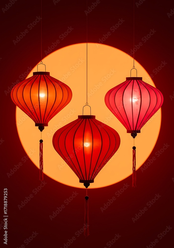 Obraz premium Three vibrant Chinese lanterns, hanging against a warm sunset backdrop, illuminated and showcasing traditional design.