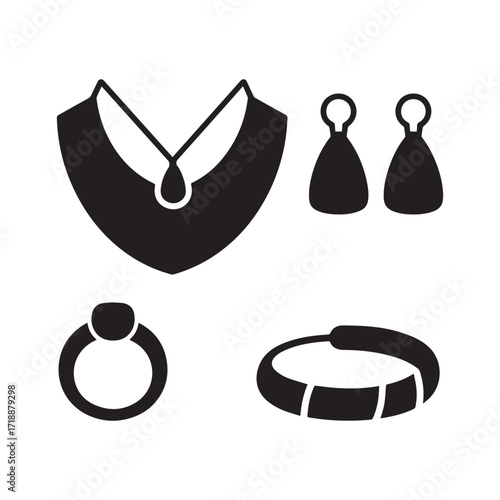 A set of black various jewelry silhouettes isolated on a white background.